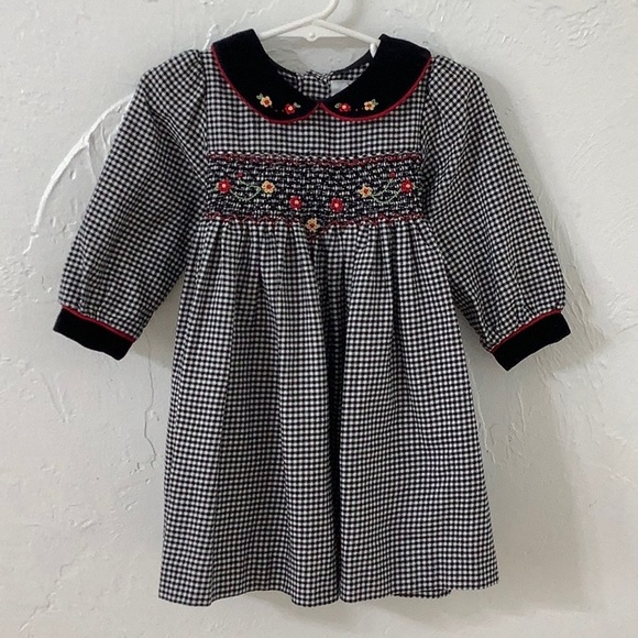 Rare Editions Other - Rare Editions Smocked Houndstooth Floral velvet trim dress size 18M EUC